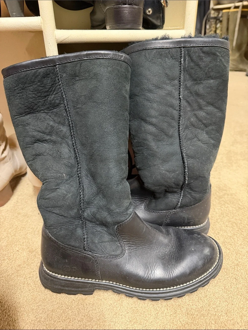 UGG Black Leather & Suede Mid-Calf Women's Winter Boots